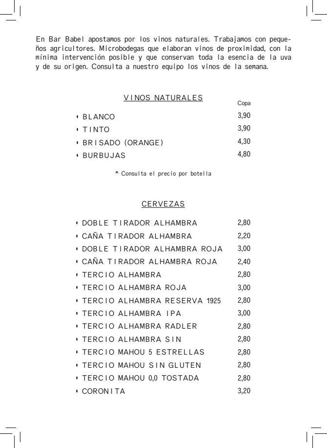Carta impresa de vinos de Bar Babel